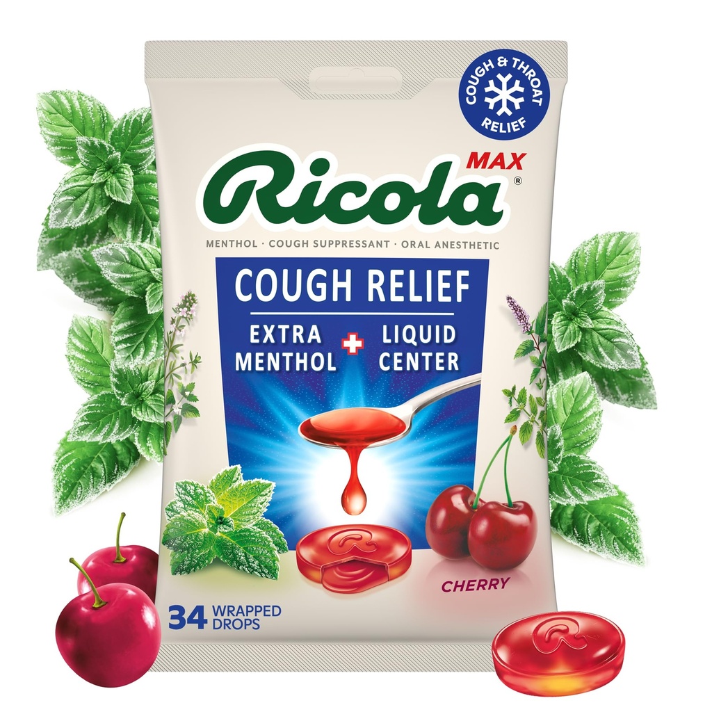 Ricola Max Swiss Cherry Throat Care Duży worek 124; Kaszel Supressant Drops 124; Dual Action Liquid Center