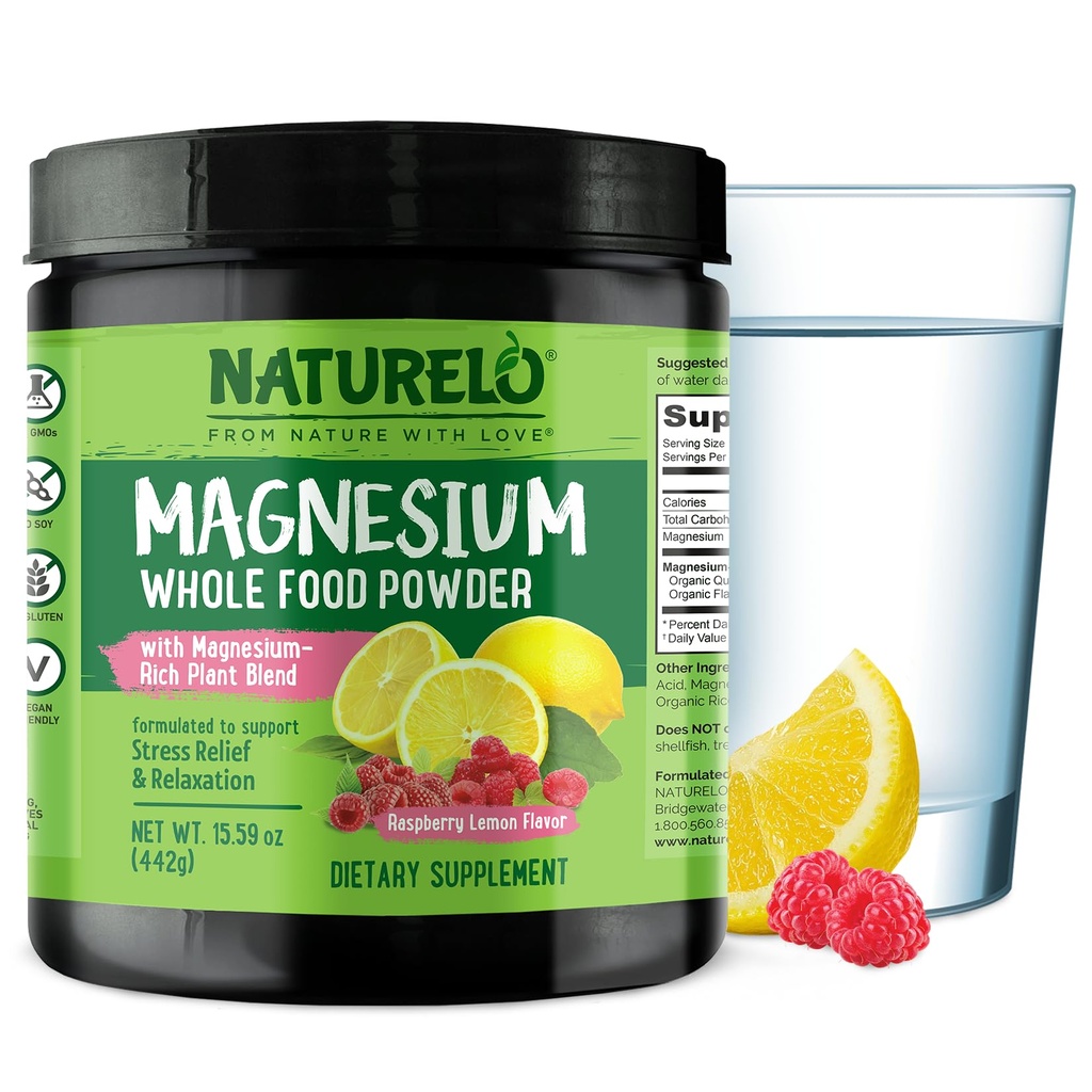 NATURELO Magnezu proszek - całe jedzenie spokój Magnezu proszek z Quinoa, Kalafior, & Nasiona roślin lnianych do odprężania, Limonka malinowa 85 Słupki, 15oz
