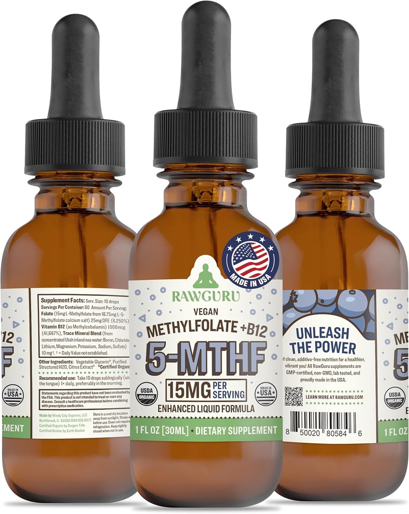 RawGuru L- Metylfolan 15 mg + Witamina B12 - Metylowany wegan organiczny B12 z Minerałami śladowymi - Nanoprocesowana i ulepszona formuła cieczowa - 300 Kropli wegańskich w 30 ml, Opakowanie 1