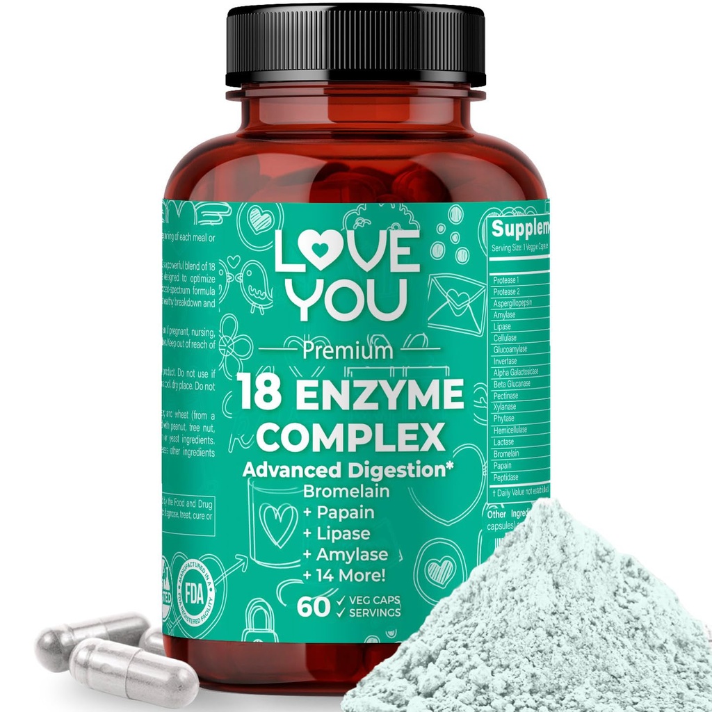 Love You 18 Enzyme Complex - Plant- based Digestive Enzymy dla kobiet i mężczyzn 124; Wspiera odżywcze Wchłanianie i Pocieszenie pokarmowe 124; 60 Kapsułki wegańskie Made in USA
