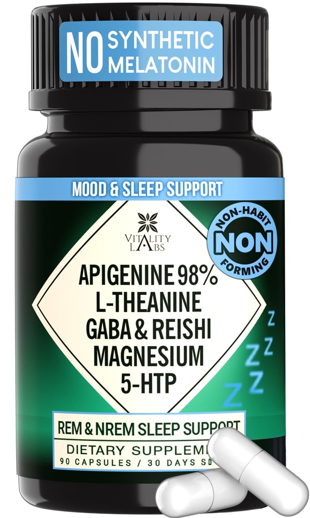 Natural Seep Aid Supplement for Adult Without Melatonin - Non-Habit Forming Herbal Sleep - GABA, L- Theanine, Reishi Mushroom, Apigenin, Magnezu Glycinate, 5- HTP - 90 Kapsułki wegetariańskie