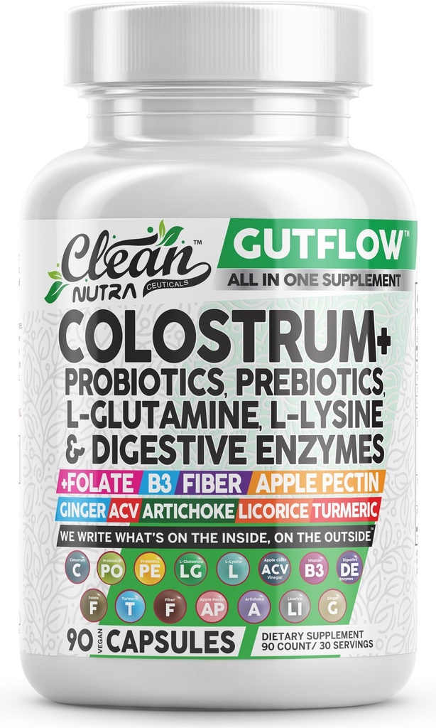 Czyste Nutraceuticals Colostrum Suplement Kapsułki Probiotyki Pigułki Prebiotyki, L-Glutamina, Enzymy trawienne, Folate, Fiber, ACV, Turmeric, Apple Pectin i Turmeric Pills