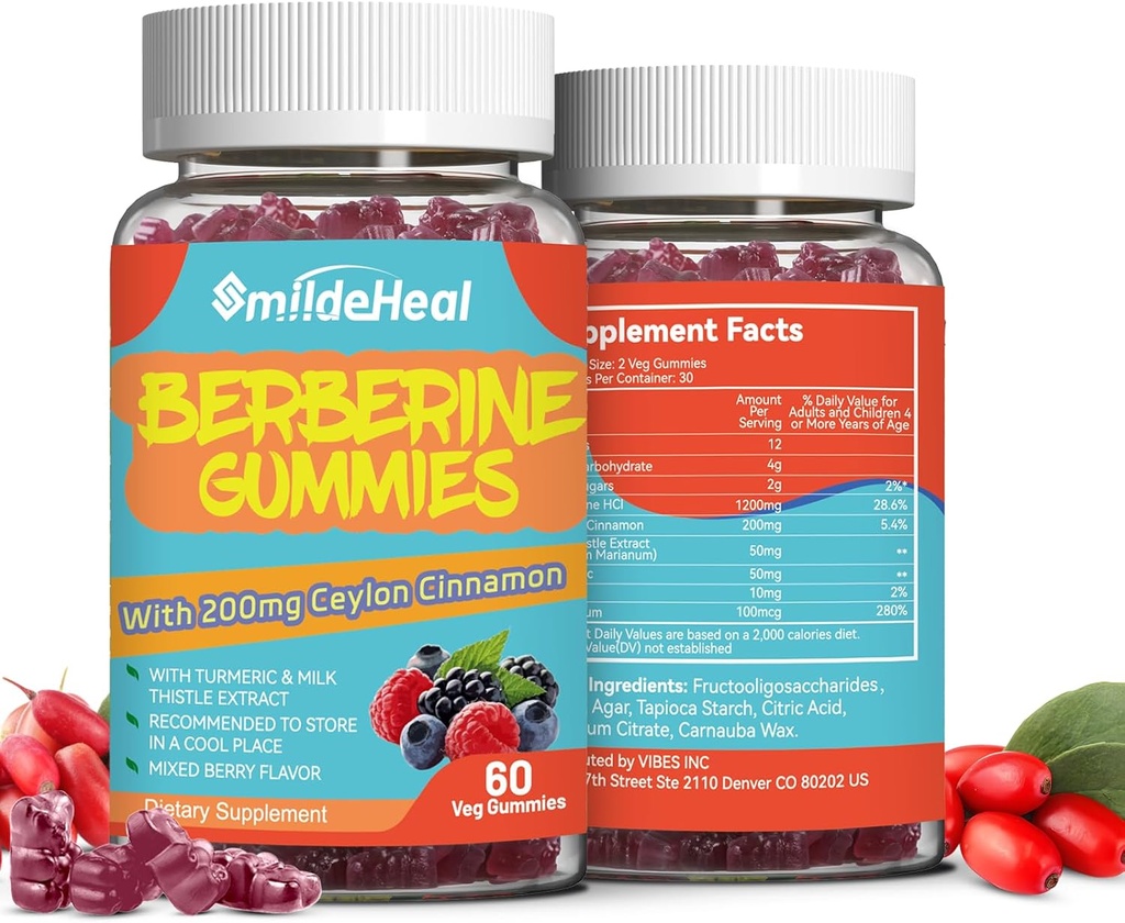 2 Pack Berberine Gummies 1200mg z Ceylon Cynamon 200mg, Wyciąg z mleka Thistle & Turmeric, Wegan Berry Flavor, Non-GMO, Żelatyna - Free, Gluten- Free, 120 Count
