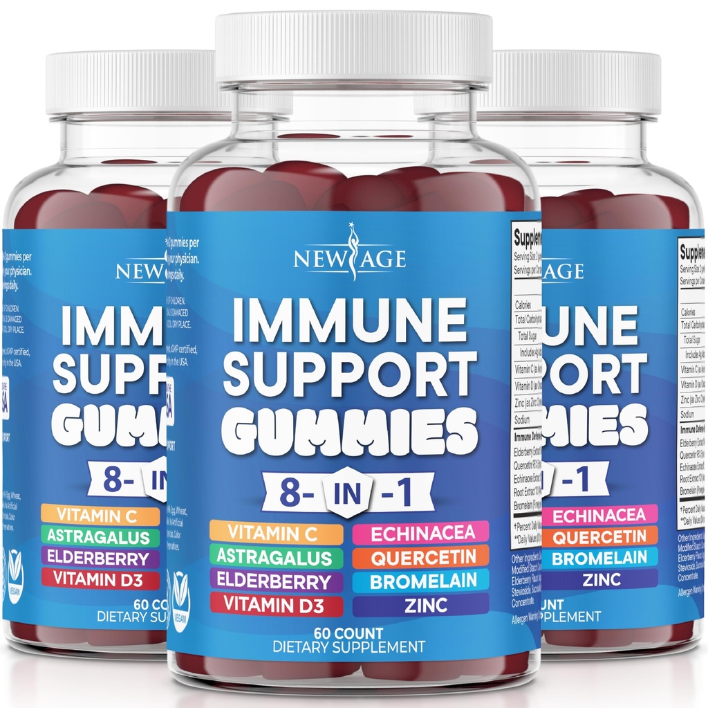 Nowy wiek 8 w 1 Immune Support Booster Supplement with Astragalus Root, Witamina C and Cynk 50mg, Witamina D 5000 j. m., Quercetin & Bromelain (8 w 1 Gummies (opakowanie po 3))