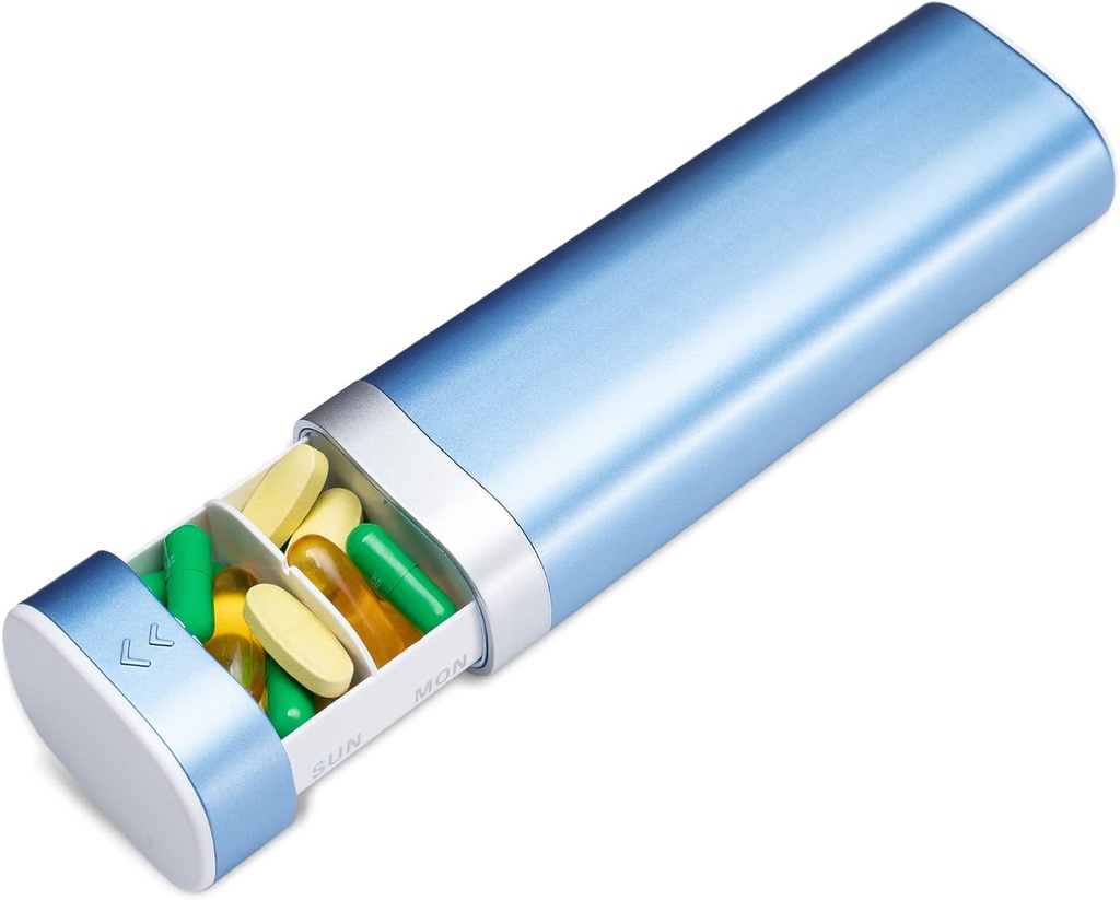 Betife Travel Pill Organizator tygodniowy 7 dzień, Compact Daily Pill Box, Przenośny lek Case, Cute Pill Holder dla suplementów witaminy, Drawer- Shaped Pill Organizator (niebieski)