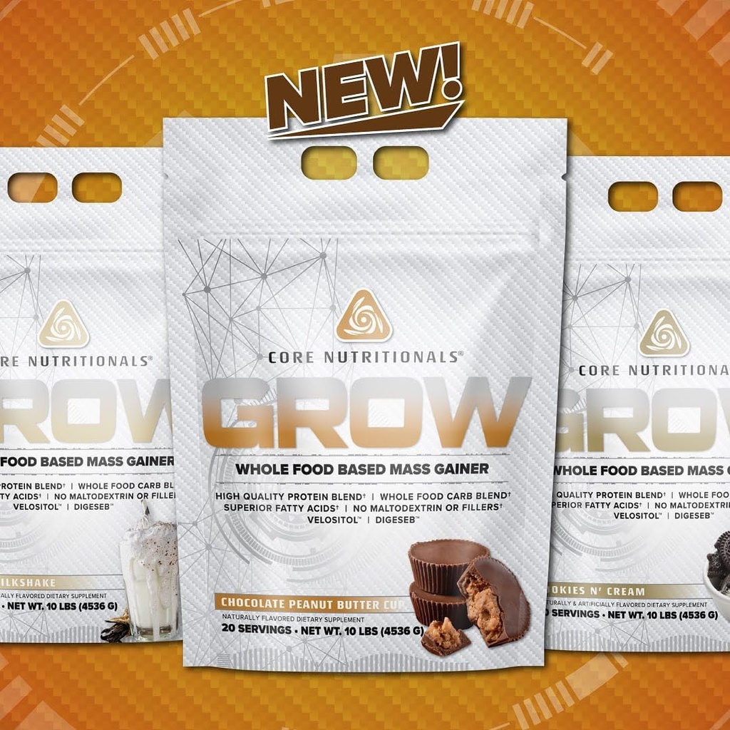 Jądrowe odżywki Grow Mass Gainer 124; Whole Food Carb Blend + Protein Blend 124; Maltodekstryna Free Biend 124; 880 Calories, 50g Protein Biend 124; 10 Funt (Czekoladowy Masło orzechowe Cup)