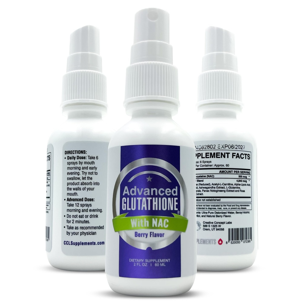 Liposomal Glutatione Spray - Maksymalny stopień wchłaniania Glutationu Suplement z NAC, Ashwagandha, Glutamina, Kwas askorbinowy - Sublingual Easy Use - Immune & Detox Support - 2oz