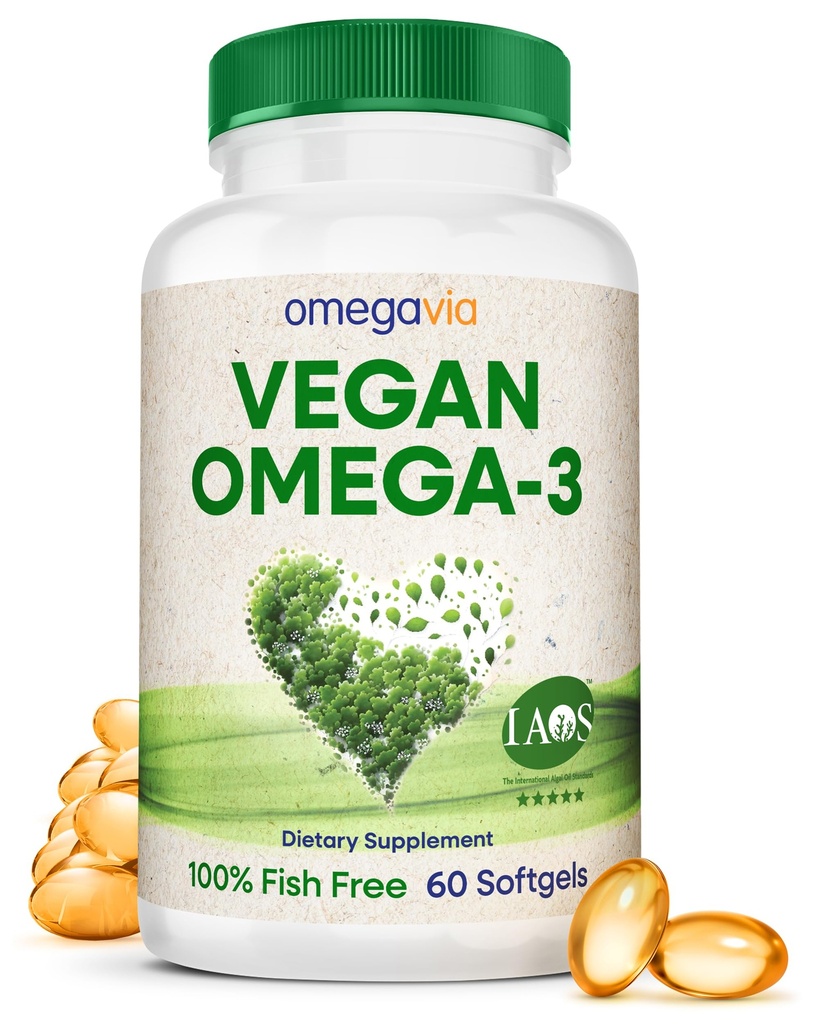 OmegaVia Vegan Omega 3 Suplement, Algae Omega 3 Fish Oil Alternative, 300mg Vegan DHA Kwasy tłuszczowe, Plant Based, Planet and Ocean Friendly, IAOS 5 Star Tested, 60 Softgels