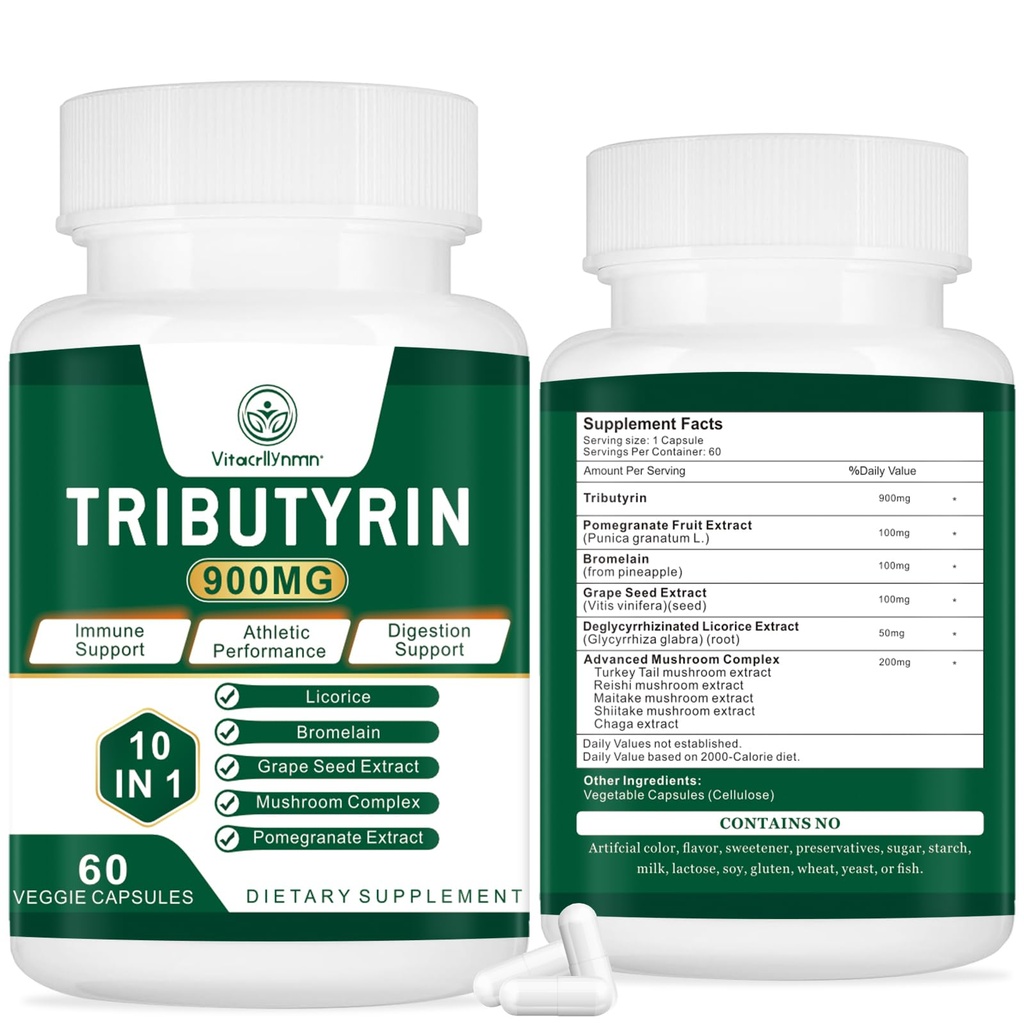 Suplement Tributyryny - Prekursor Butyrate dla Gut Barrier Support, Leaky Gut Support, Trawienie 60 Count