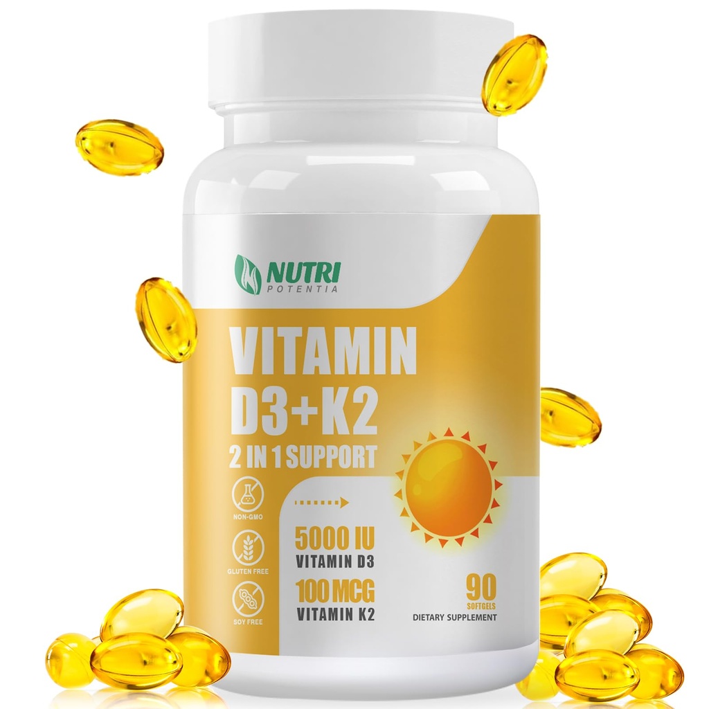 Suplement witaminy D3 K2 z olejem MCT, witaminą D3 5000 j.m. i K2 100 µg Softgel, Bone and Heart Health Supplement, Gluten Free - 90 Count Softgels
