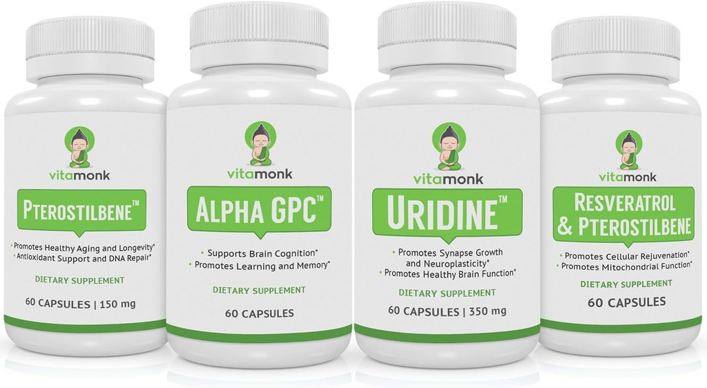 VitaMonk Resveratrol, Pterostilbene, Alpha GPC i Uridine Bundle - długowieczność i pobudzanie mózgu Stack