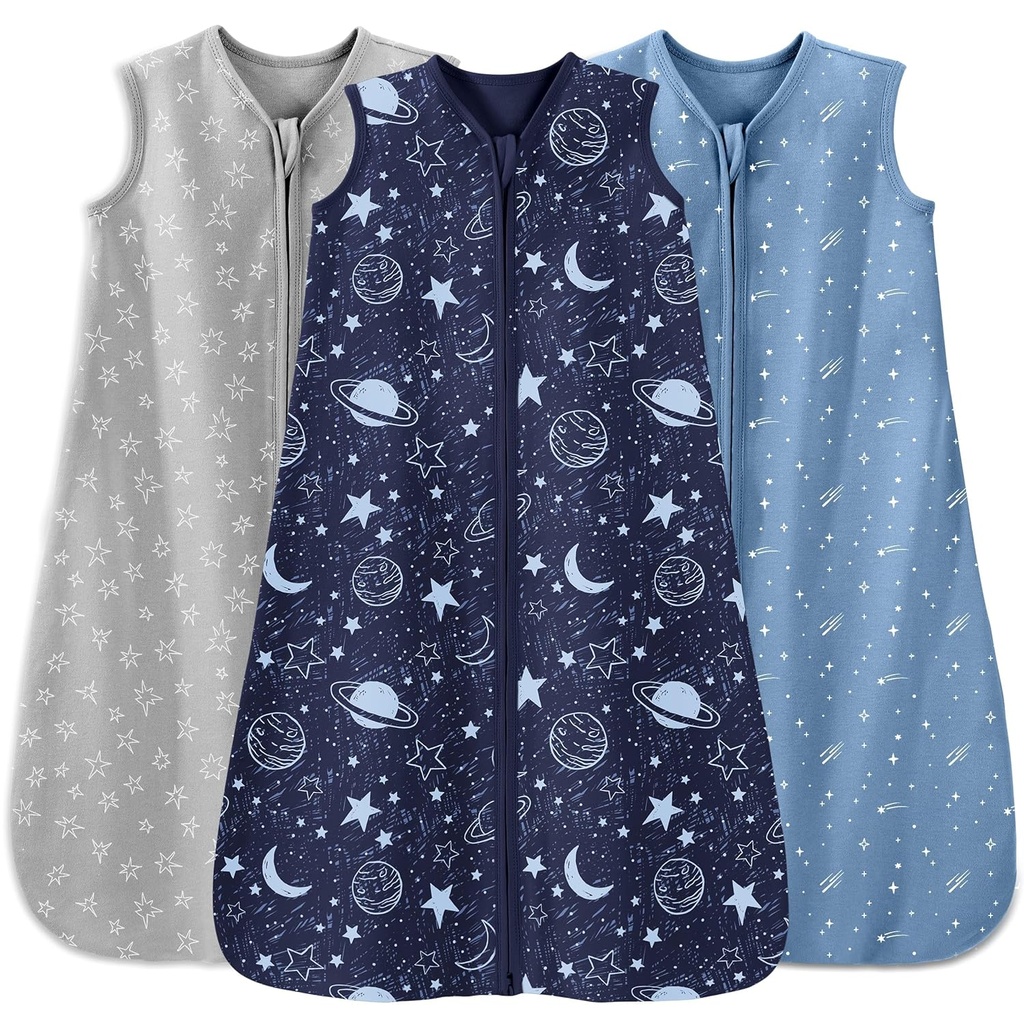 Baby Sleep Sack 12- 18 Miesiące 3 Pack 100% Bawełna Lekka waga 0.5 TOG Okładany kocyk Baby Sleep Bag z 2- Way Zipper dla niemowląt Toddler Blue