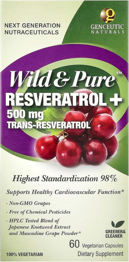 Gencurals Naturals Wild & Pure Resveratrol Kapsułki wegetariańskie, 60- Hrabia 124; Promotuje zdrowie serca 124; Anti Starzenie 124; Ogólny Wellness