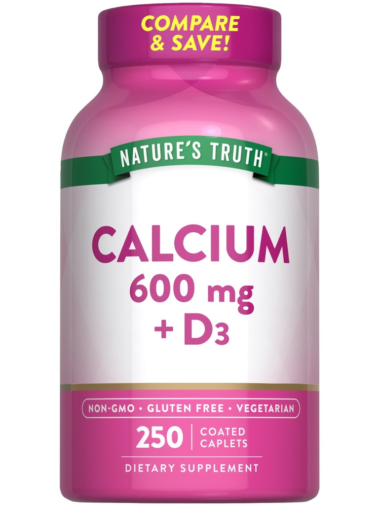 Nature 's Truth Wapń 600mg z witaminą D3 124; 250 Kaplety 124; Karbonian wapnia 124; Wegetarianin, Non-GMO & Gluten