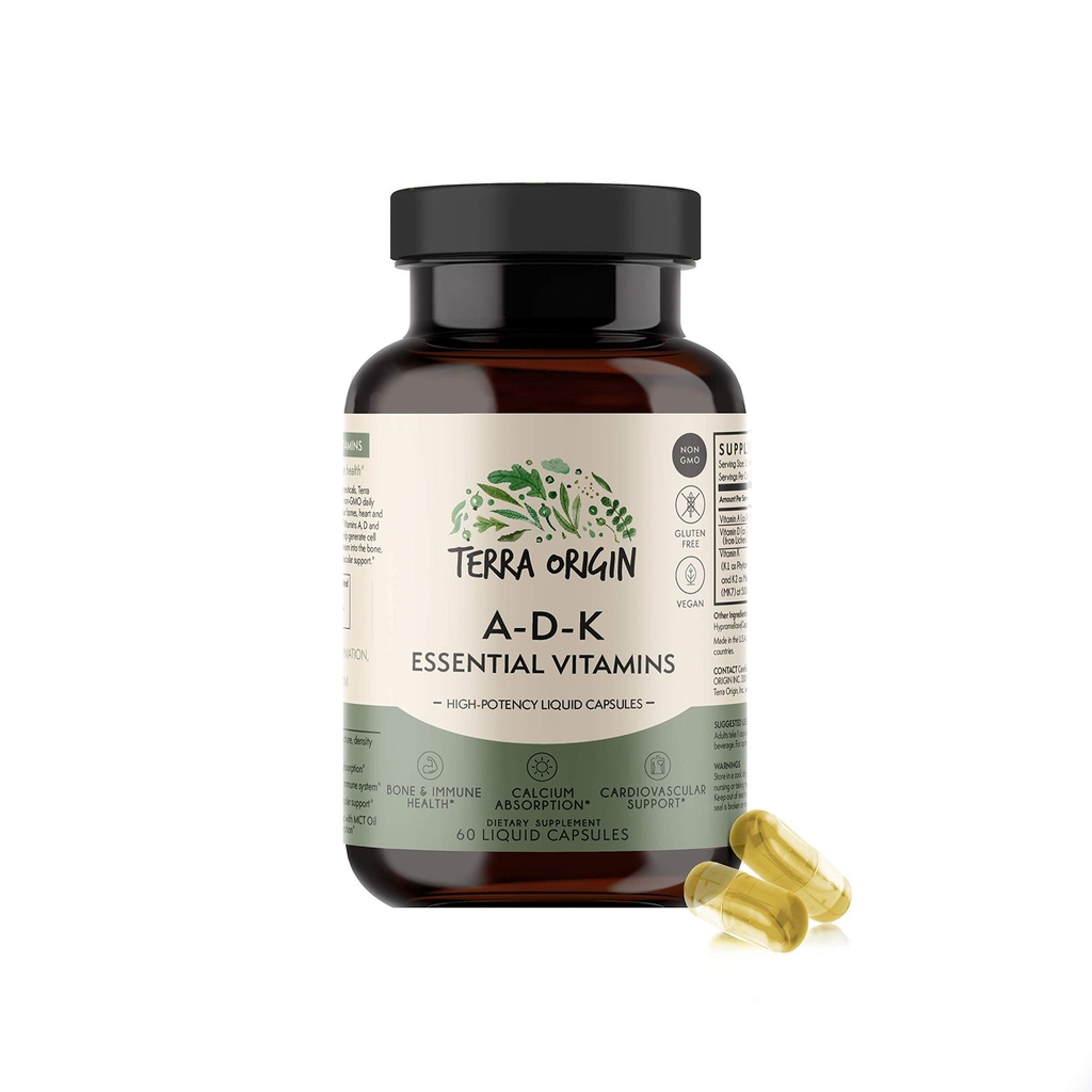 TERRA ORIGIN ADK Essential witaminy Supplement ASTM 124; 60 Kapsułek płynnych ASTM 124; Witamina o dużej mocy A, D 5000 IU, K1 i K2 ASTM 124; Nie GMO, Gluten Free, Wegan, Made in USA