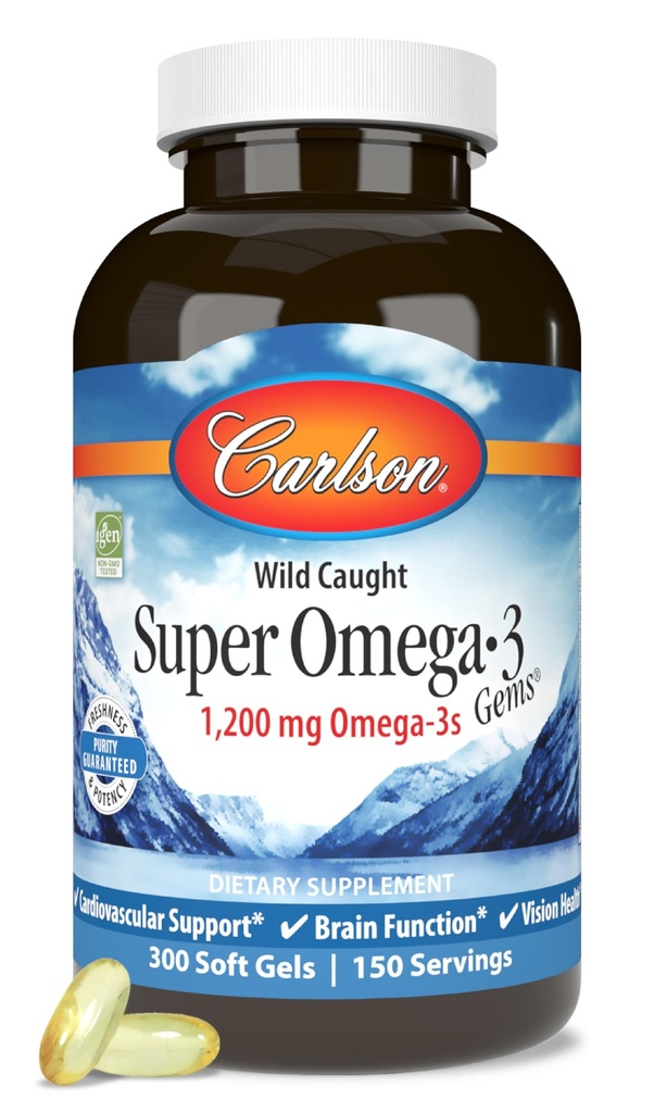 Carlson - Super Omega-3 Gems, 1200 mg Omega-3 Kwasy tłuszczowe z EPA i DHA, Wild- Caught Norwegian Fish Oil Supplement, zrównoważony zasolone kapsułki 300 Softgels