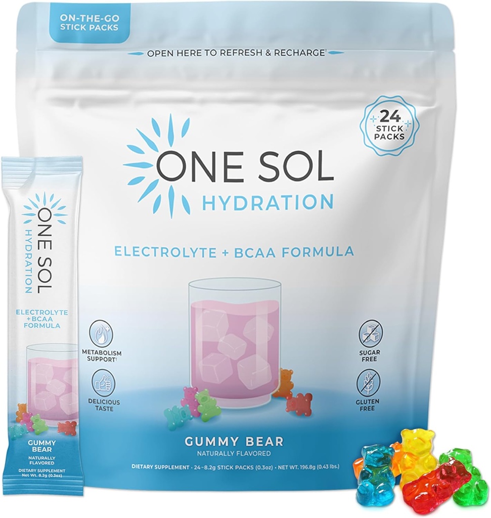 Jeden Sol BCAA & Electrolyte Proszek do hydrolizy i energii, All- Natural Formula, 100% Wegan, Non-GMO, Gluten Free & Soy- Free, Promotes Muscle Growth & Recovery, Gummy Bear Flavor