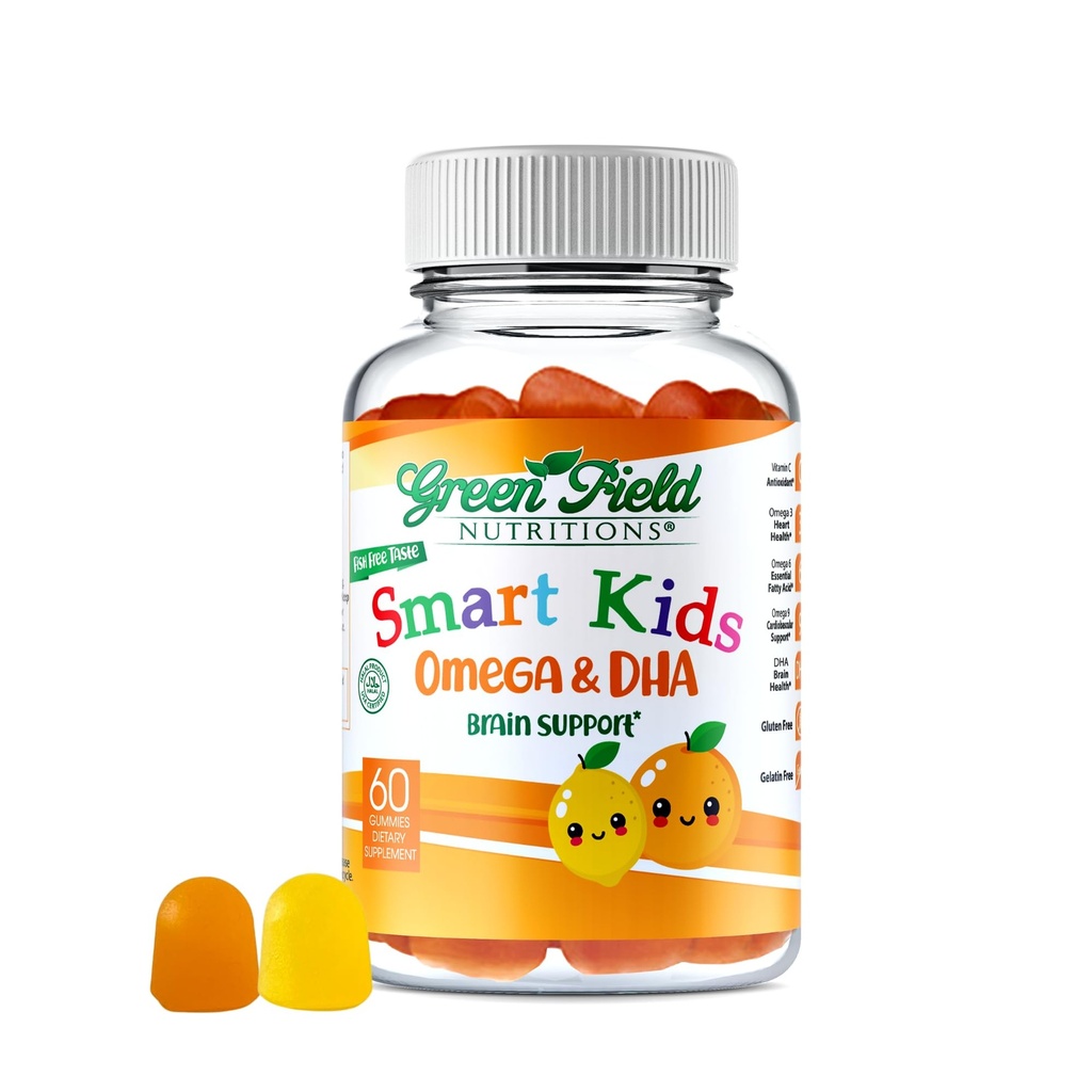 Greenfield Nutritions Smart Kids Halal Omega 3 Gummies with DHA - 60 Halal Vitamin for Kids, Supports Brain & Immune Health - Vegan, Non-GMO, Gluten, Żelatin- Free and Peanut- Free Gummy Vitamin