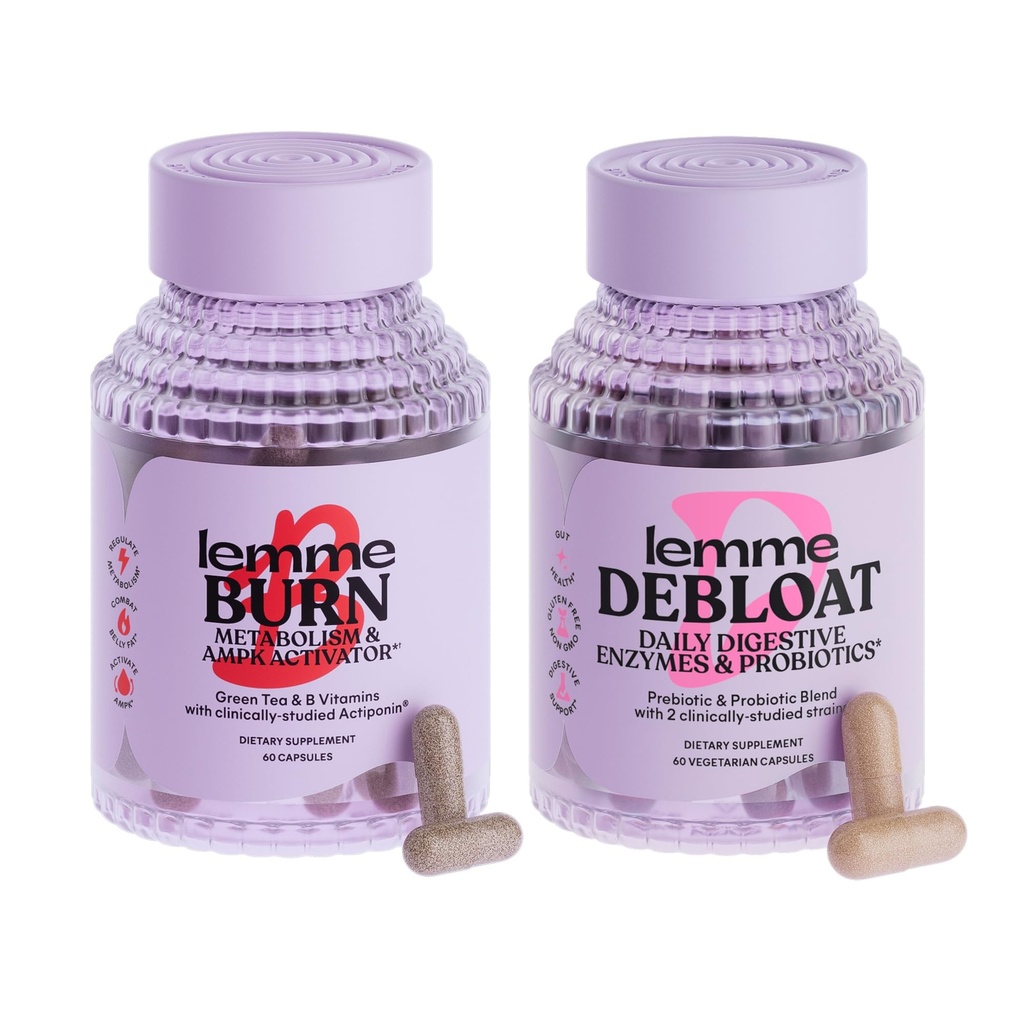 Lemme Burn & Debloat Capsule Bundle - Metabolizm & Tłuszcz Burning + Debloat Capsules for Bloating & Gas Relief, Probiotyki i Prebiotyki - Gluten Free, Non-GMO - 60 Ct. Każdy