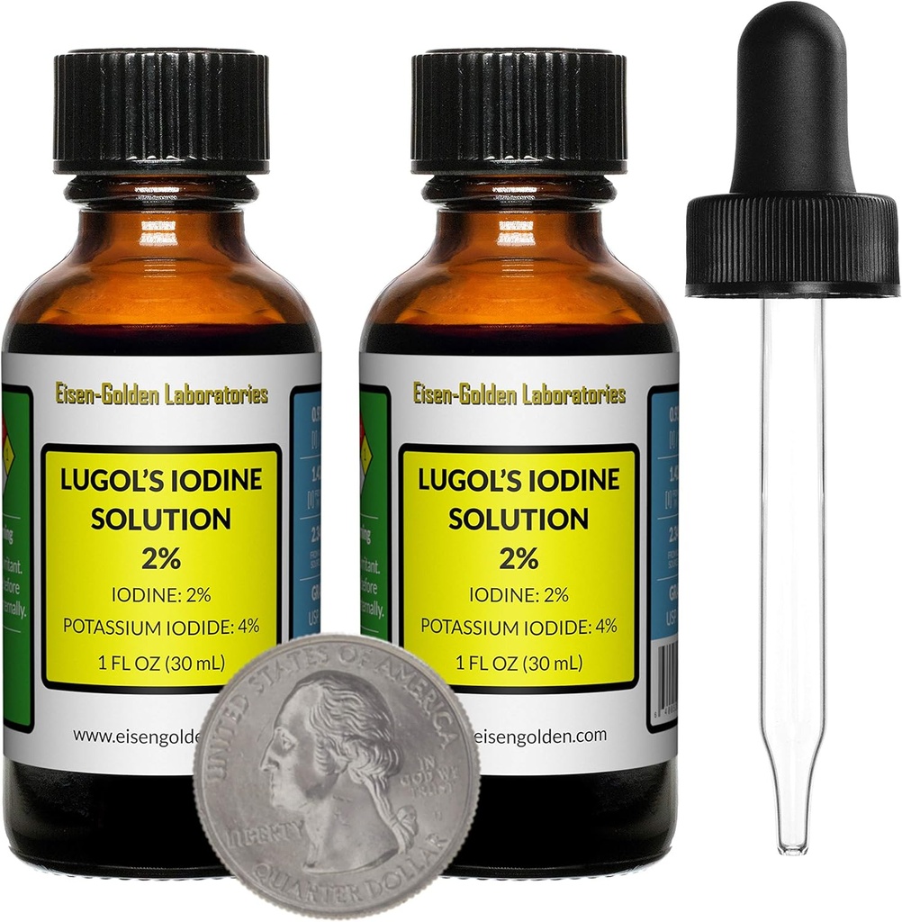 Jod Lugola / 2% roztwór / 2 Oz w dwóch butelkach szkła bursztynowego / kroplomierzem / USA