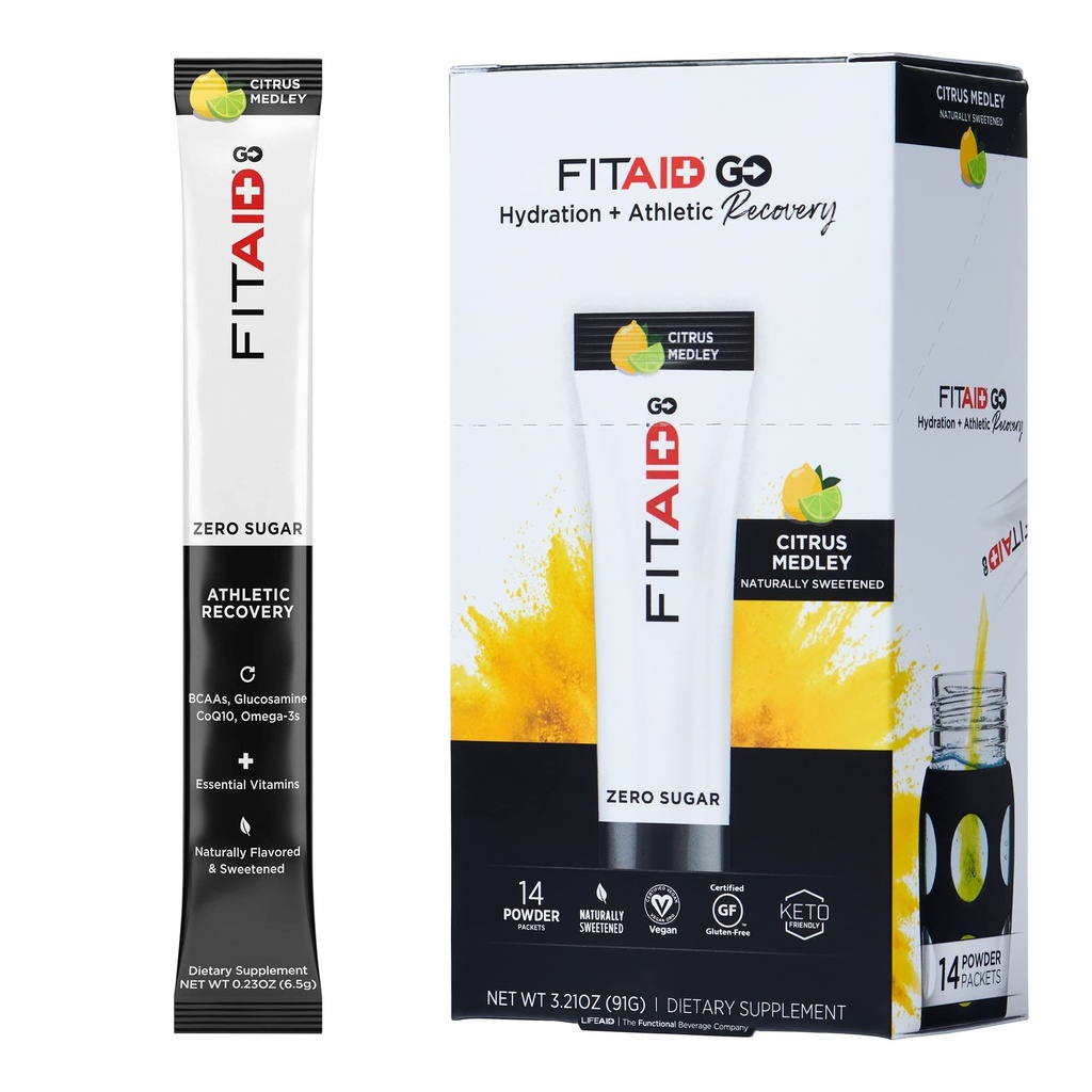 FITAID GO ZERO Sugar Recovery Hydration Packet, W / BCAA, Glukozamina, Electrolytes, Omega- 3, 100% Czysty, Keto- przyjazny, Wegan & Gluten- Free, 5 kalorii, Naturalnie Sweetened, 14 opakowanie