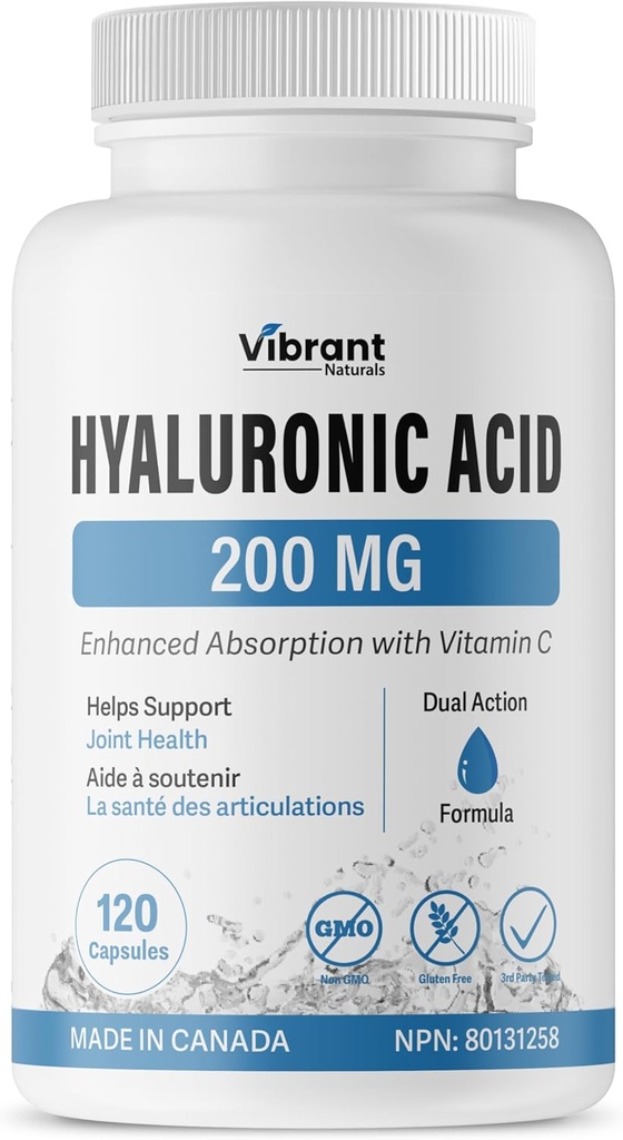 Hyaluronic Acid Supplement 200mg - 120 Kapsułek z witaminą C 100mg, Joint & Skin Health, Non-GMO Fermentation, Gluten Free, Third Party Tested, Biodostępna formuła