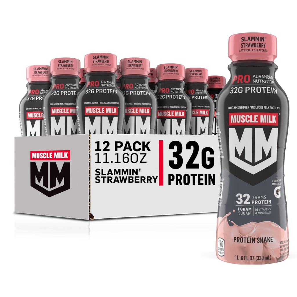 Muscle Milk Pro Advanced Nutrition Protein Shake, Slammin 'Strawberry, 11.16 Fl Oz (Pack of 12), 32g Protein, 1g Sugar, 16 Vitamin & Minerals, 5g Fiber