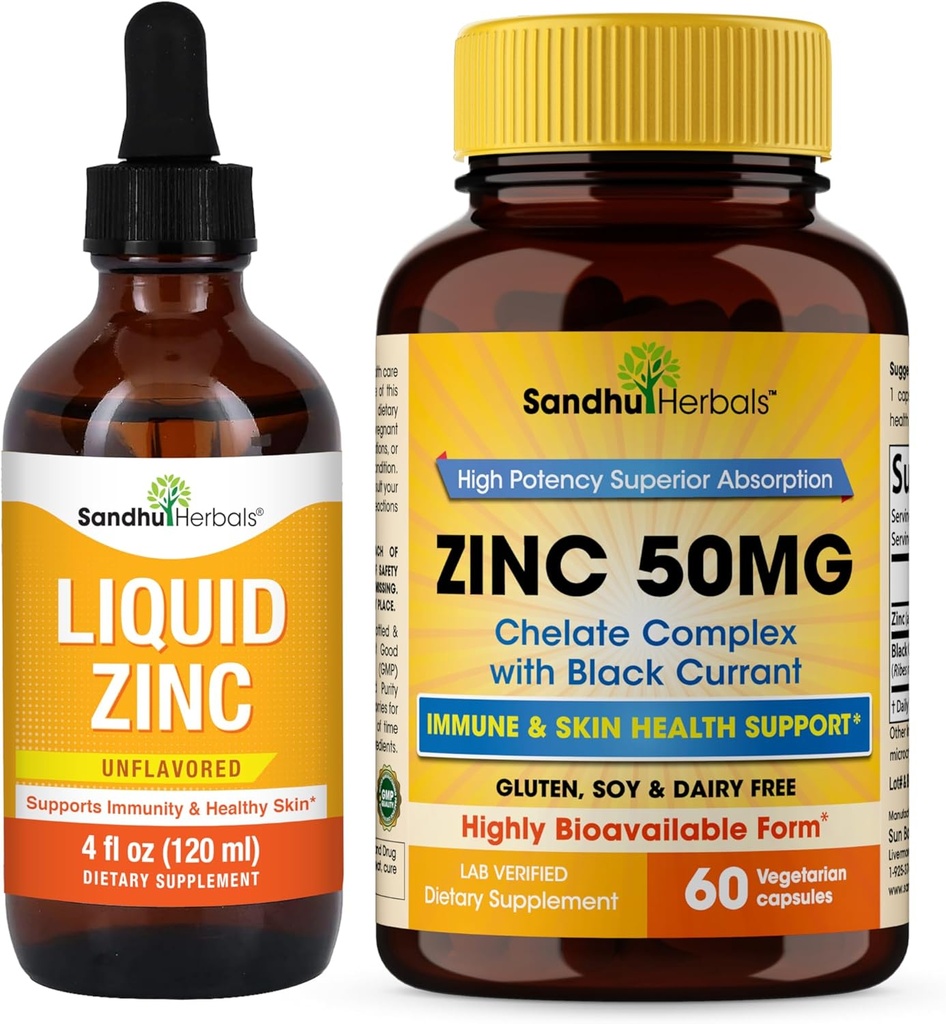 Sandhu Herbals Liquid Zinc Drops 4 Oz & Zinc Capsules 60 Count Supplement | Supports Immune and Skin Health| Made in USA