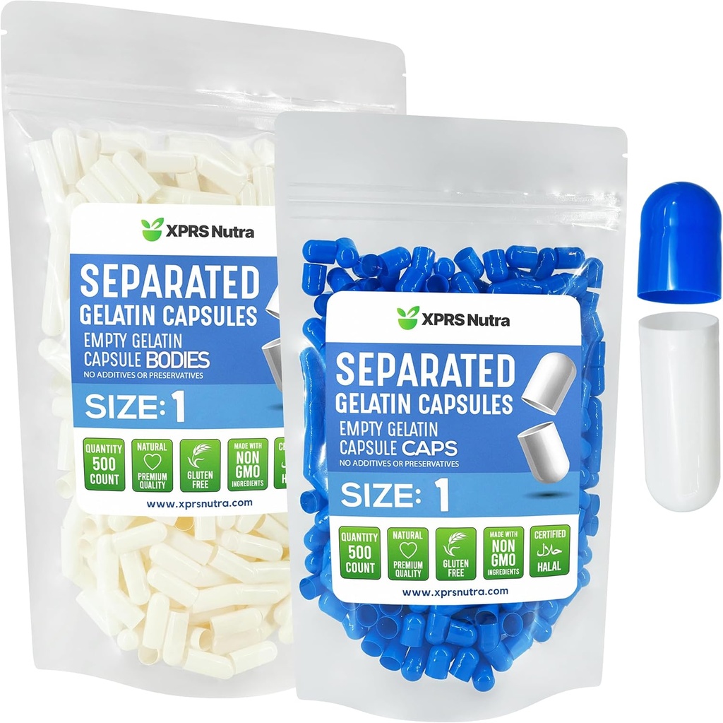 XPRS Nutra Rozmiar 1 Gelatyna Separated Capsules - 500 Liczenie Pustych Piłek Kapsułki Separacja w Torbach - Puste Pigułki Puste do napełniania suplementu DIY (niebieski / biały)