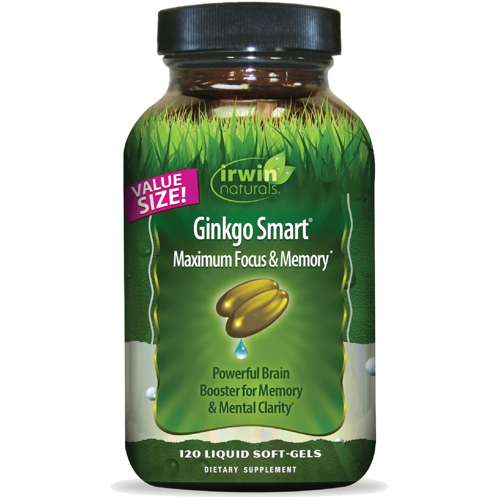 Irwin Naturals Ginkgo Smart Powerful Nootropic Brain Booster - Obsługuje maksymalną pamięć, Focus & Mental Clarity z DMAE, Clubmoss, Choline & Acetyl L- Karnityna - 120 Płynne Softgels