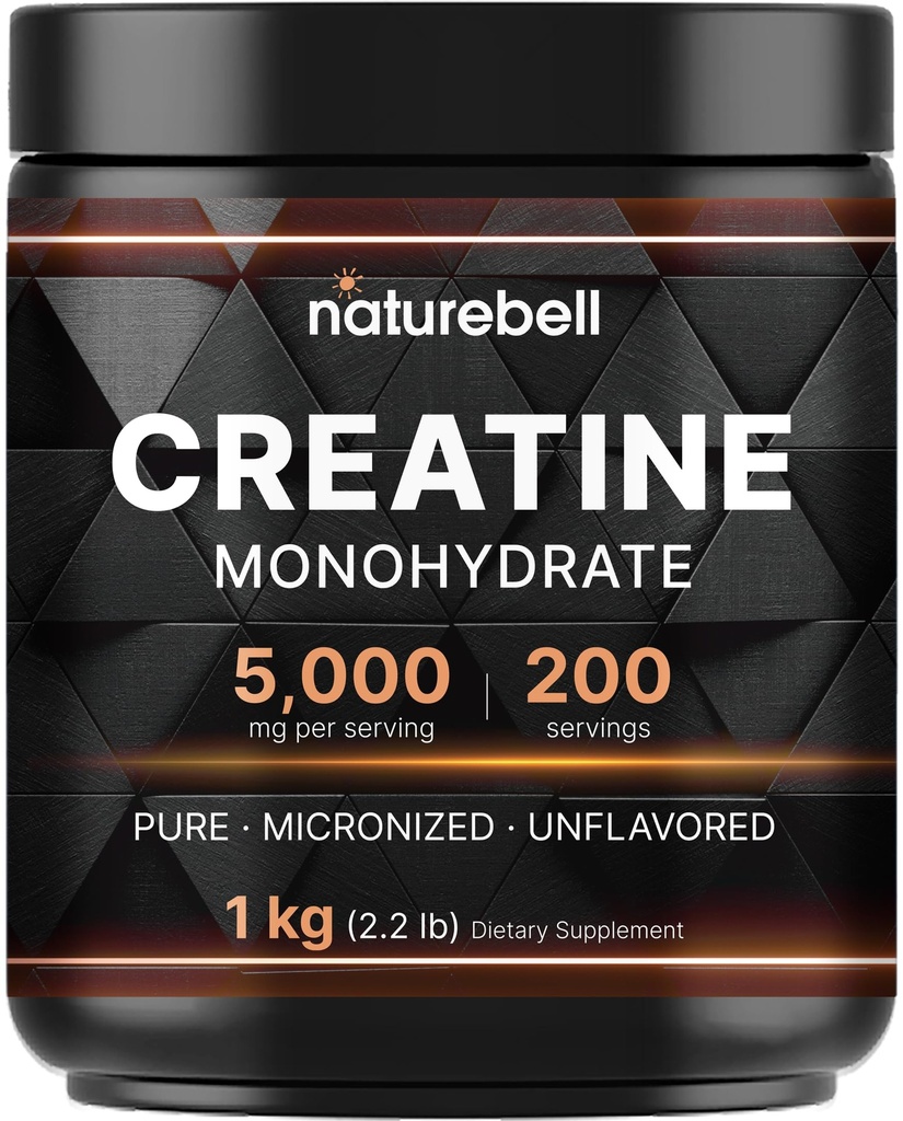 NatureBell Creatine Monohydrat Proszek 1,000g, 5,000mg Per Serving, 200 Służenia (2.2 lb) 124; Mikronizowane, Czyste i Nieflawowane 124; Wstępne ćwiczenia wsparcia mięśni * 124; Keto, Wegan, Filler- Free