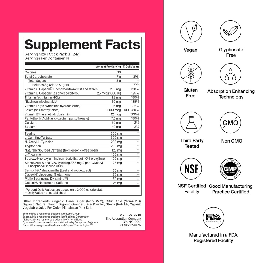 Wchłanianie firmy Energy Drink Powder Pakiety - Czysta energia Booster do wspierania alertywności z 150mg naturalnej kofeiny i witaminy C - Fruit Punch Flavor, 28 Sticks