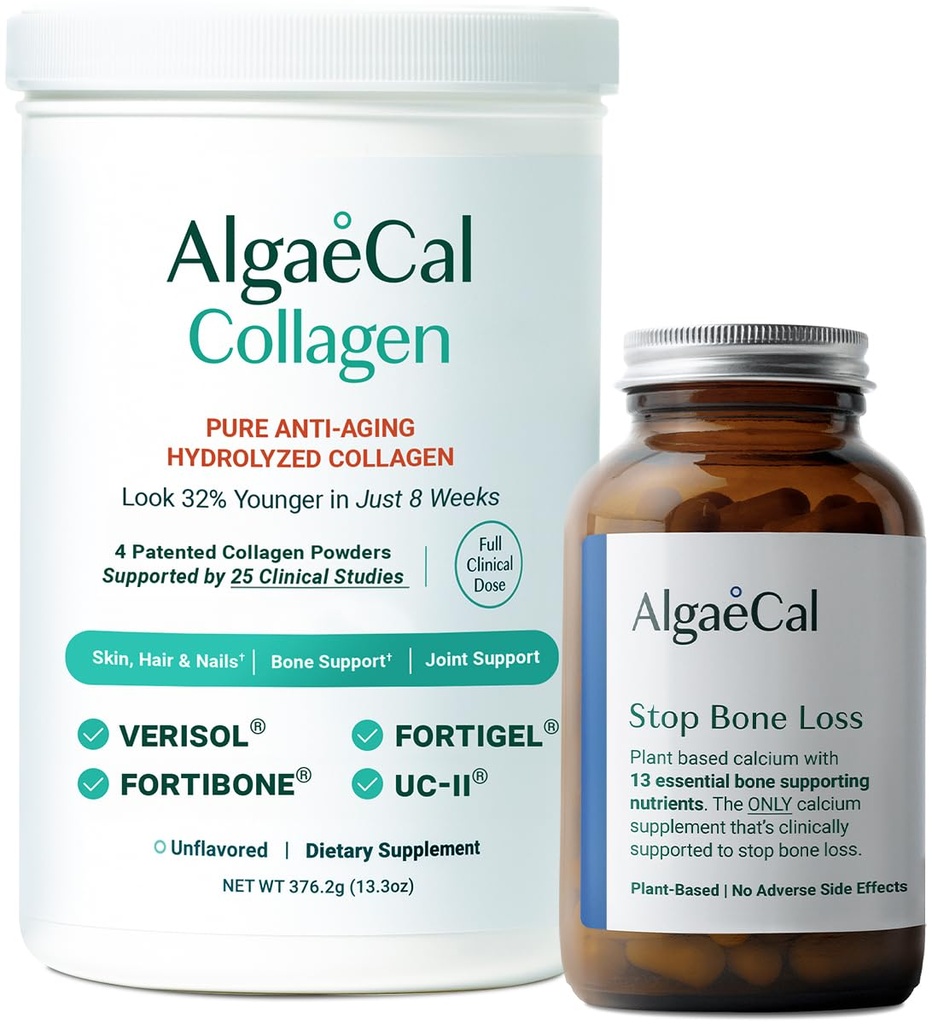 ALGAECAL Wapnia & Kolagen Bundle - Zhydrolizowany Kolagen Kompletny z leczonym Verisol, Fortibone & Fortigel, Plus 13 Minerały wspomagające kości i Witamina D3 dla zdrowia i starzenia kości