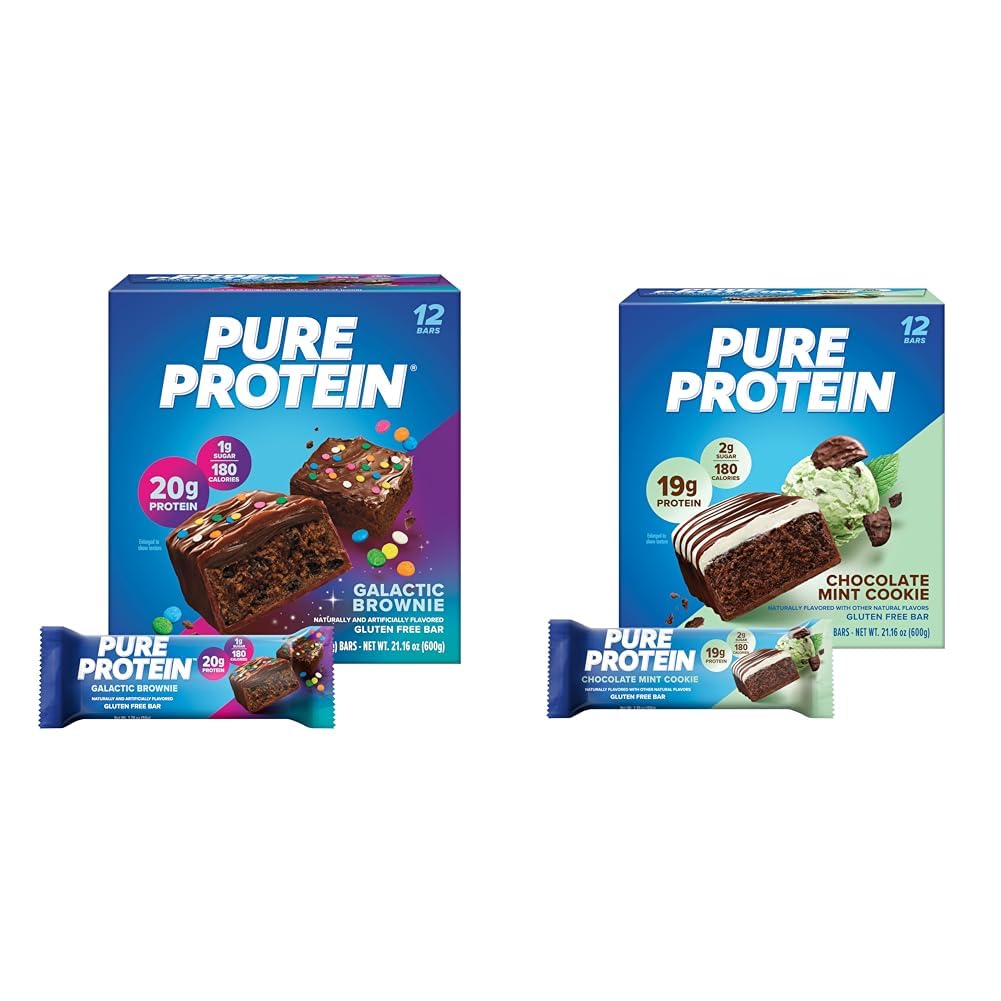 Pure Protein 12 Count Galactic Brownie & Chocolate Mint Cookie Protein Bar Bundle 124; 20g & 19g Wysokie Białko 124; Gluten Wolny 124; Pre & Post Workout 124; Niski cukier