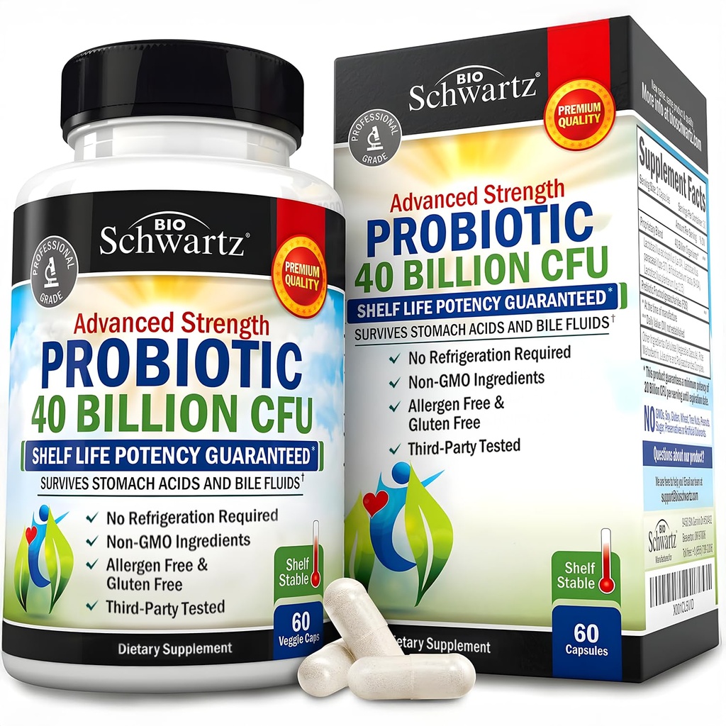 BioSchwartz Daily Probiotic Nutritional Supplement - 40 Billion CFU for Gut Health - Probiotics for Men and Women - Digestive Health with Astragalus & Lactobacillus - Shelf Stable - 60 Count