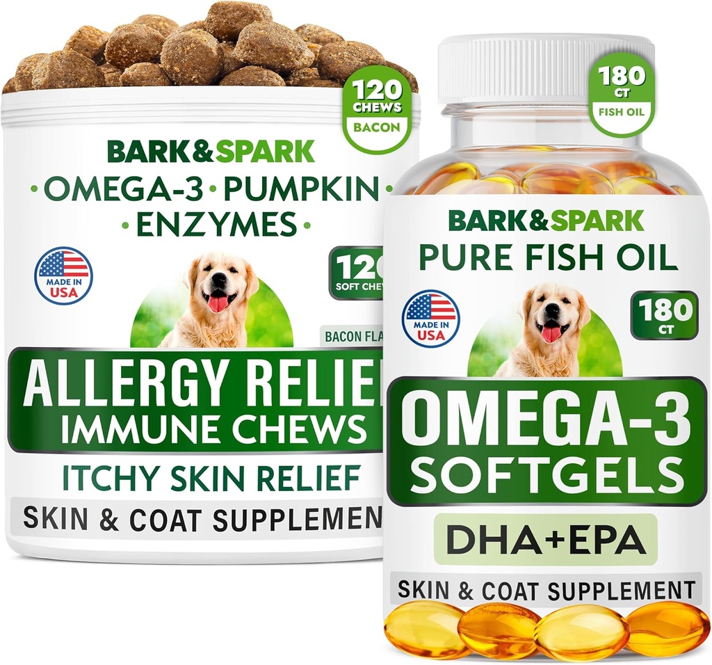 Ulga alergiczna + Omega 3 Paleta - Suplement skóry i płaszcza przeciwnowotworowego + Alergia skórna - Omega 3 Olej rybny + EPA & DHA Kwasy tłuszczowe - Swędzenie i Łapa Licking + Joint Health - 120 Przeżuć + 180 Softgels - Made in USA