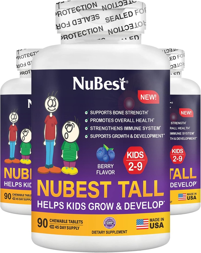NuBest Wysokie Dzieci - Toddlers Witaminy i Dzieci Witaminy dla wieku 2 do 9 - Wsparcie Kość Siła, Ogólny Zdrowie i Immunitet - Kształty zwierząt - 270 Jagodowe tabletki do żucia 124; Opakowanie 3