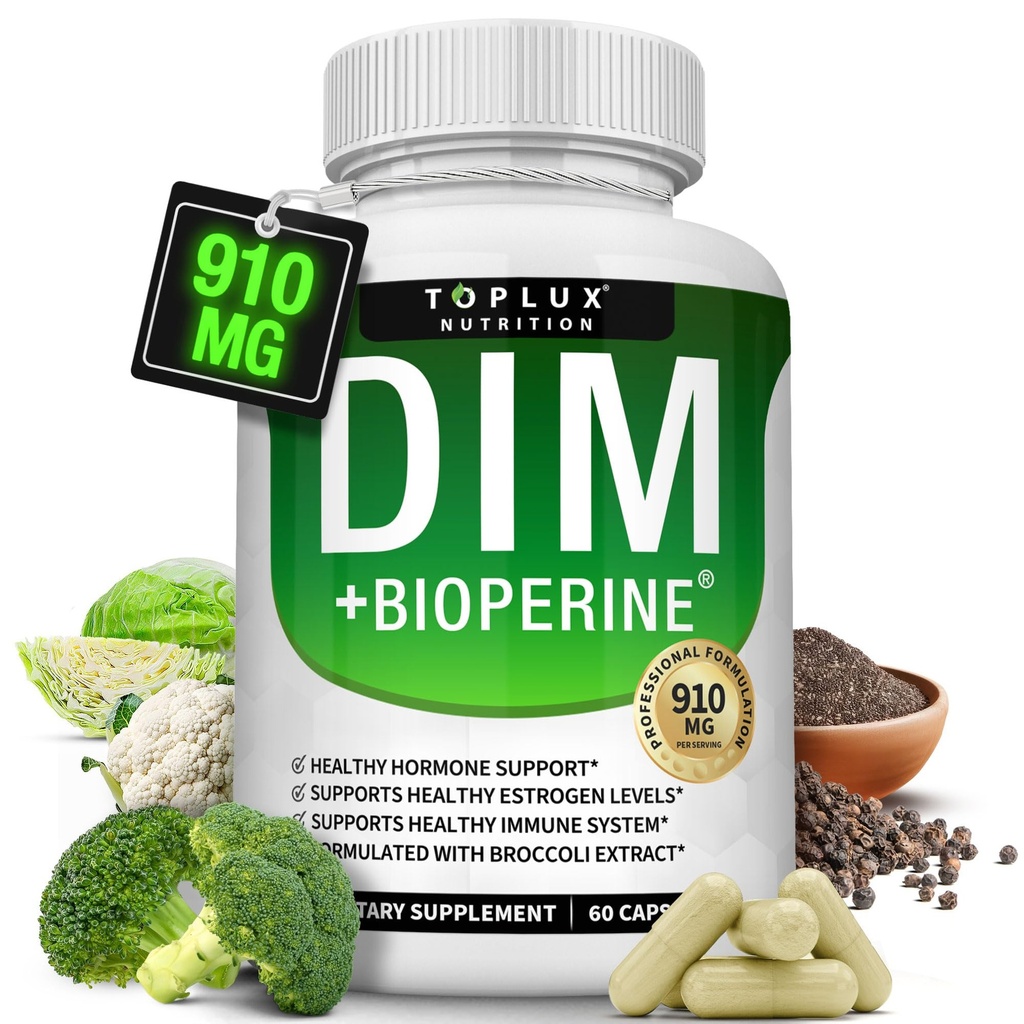 Dim Supplement 910 mg Plus BioPerine Complex - Diindolylometan do wsparcia równowagi hormonów i metabolizmu estrogenów, Pomaga z trądziku menopauzy PCOS Lepsze budowanie skóry, dla mężczyzn Kobiety, 60 Kapsułki