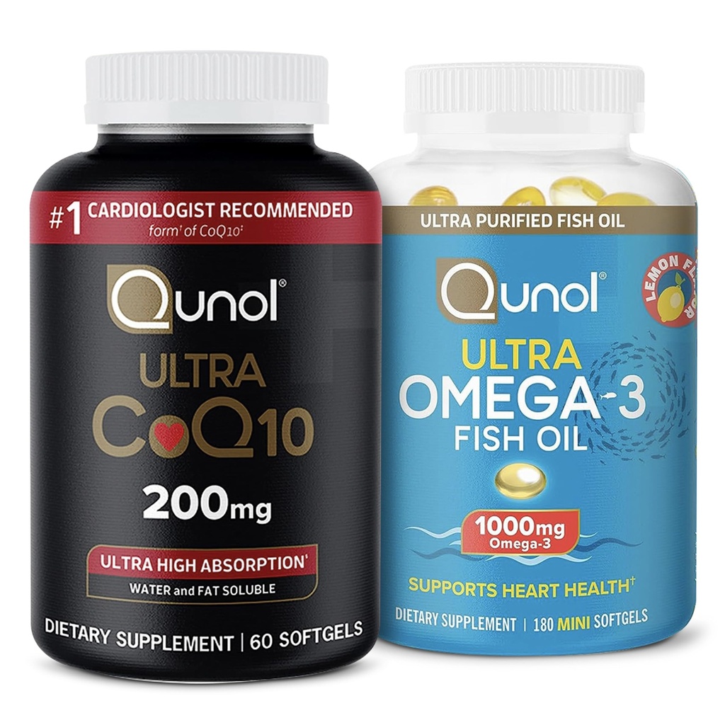 Qunol CoQ10 100mg Softgels, 3X Lepsze wchłanianie, 4 Dostawy Miesiące, 120 Hrabia + Olej rybny Omega 3 Mini Softgels, 1000mg Omega 3 EPA + DHA, 3 Dostawy Miesiące, 180 Hrabia