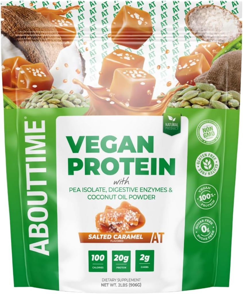 O czasie Wegan Białko Proszek 20g Karmel solony, Naturalne składniki, Non-GMO, Roślina oparta, Gluten Free, Soi Free, Dairy Free, 32 Sługi