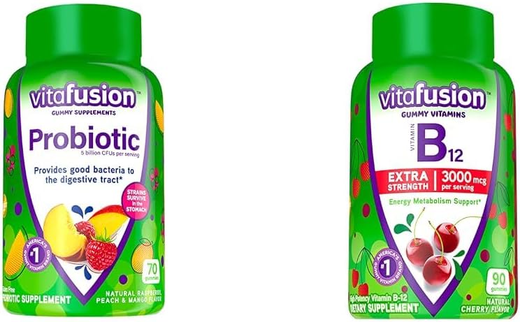 Witafuzja Probiotyczne suplementy gumowe, Malina, Brzoskwinia i aromaty mango & Dodatkowa siła Witamina B12 Gummy witaminy