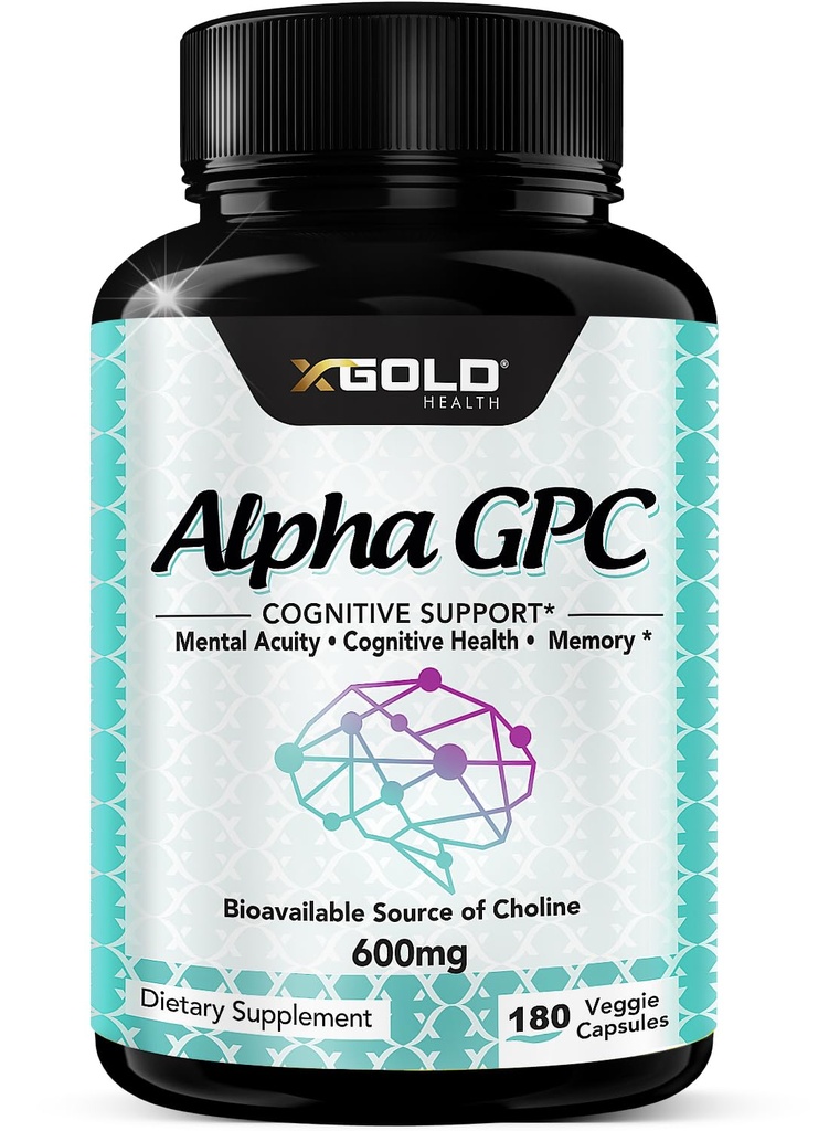 Suplement choliny Alpha GPC 600mg, 99% + Wysoko oczyszczony, Wysoko Biodostępne Źródło Choliny, 180 Kapsułki wegetariańskie, Notropik wzmacniający kognitywne, Wspomaga Pamięć i Funkcja Mózgu, Wzmacnia Focus & Mood