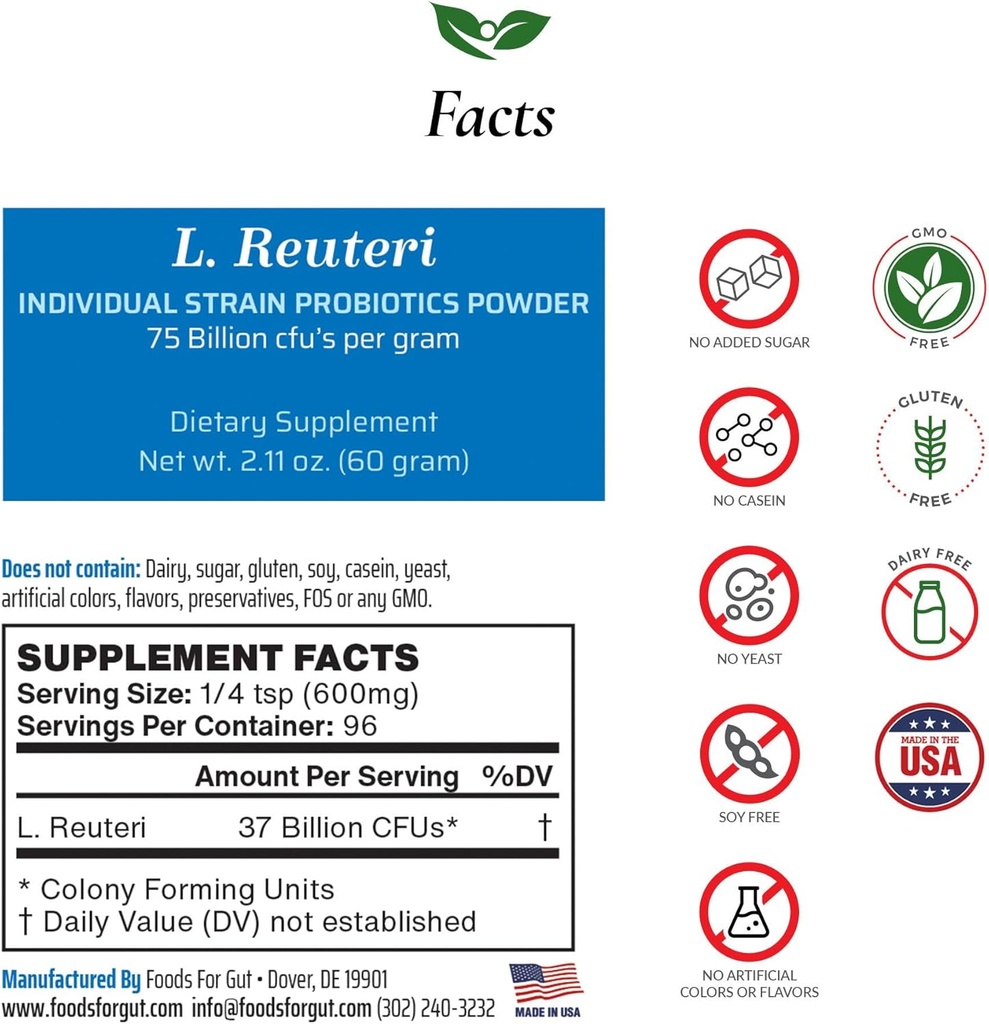 Lactobacillus Reuteri Probiotic Powder 75 Billion cfu 's Xi124; Made in USA Xion124; No Additives Xion124; Direct from Manufacturer Xion124; No Third- Party Storage Xion124; Digestive & Immune Support Xion124; L. Reuteri Xion124; 60 Grams (2.11 OZ)