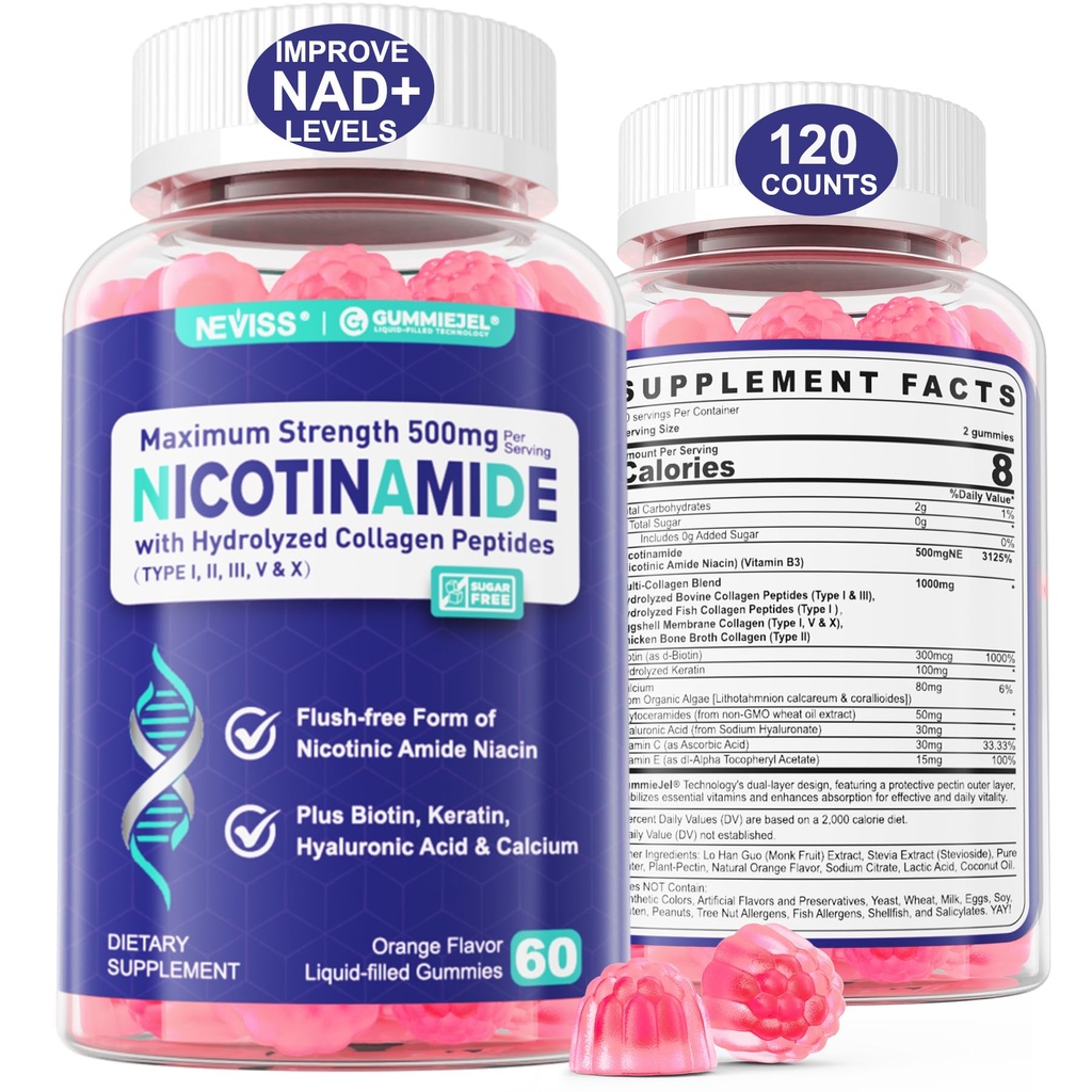 2 opakowania - Nikotynamid 500 mg Gumumie, NAD + Suplement dla kobiet i mężczyzn w / Kolagen Peptydy, (Flush Free Niacin) Witamina B3 Niacynamid do anty- starzenia, NAD + Poziomy, długowieczność, Focus & Brain, Bez cukru