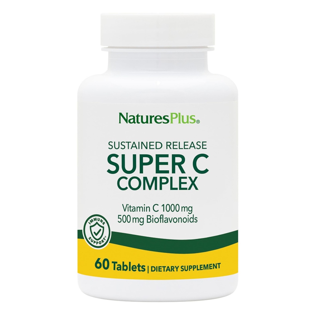 NaturesPlus Super C Complex, Trwałe uwalnianie - 60 Tabletki - 1000mg Witamina C + 500mg Bioflavonoids - Wegetarianin, Gluten Free - 60 Służb