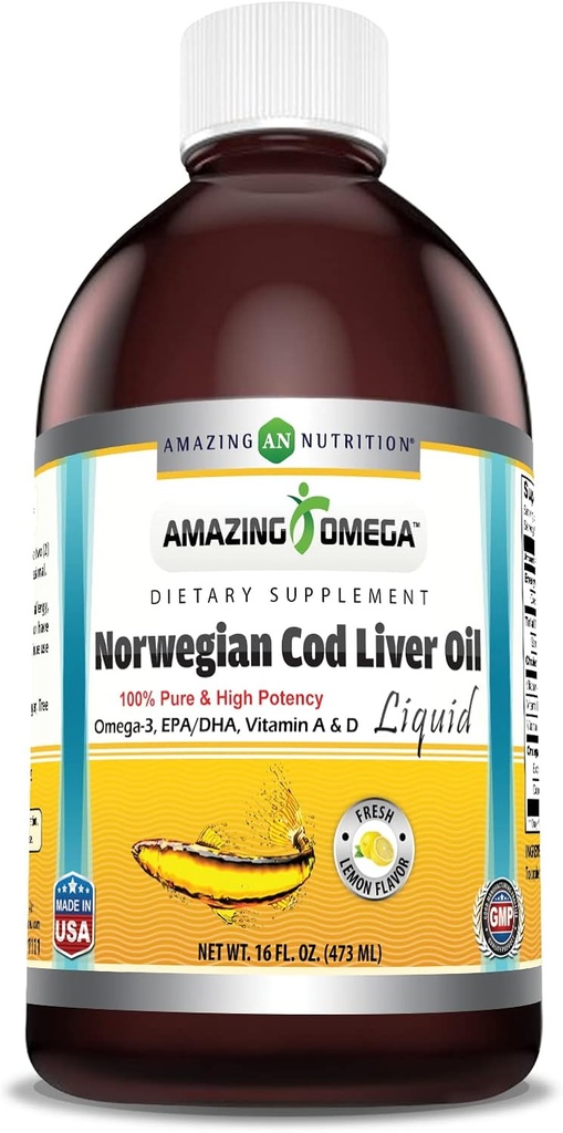 Amazing Omega Norwegian Liquid Fish Oil 124; 16 Oz 124; 1625Mg Omega -3s, DHA, EPA per Serving Amend124; Fresh Lemon Flavor Amend124; Non-GMO Amend124; Gluten- Free Amend124; Made in USA