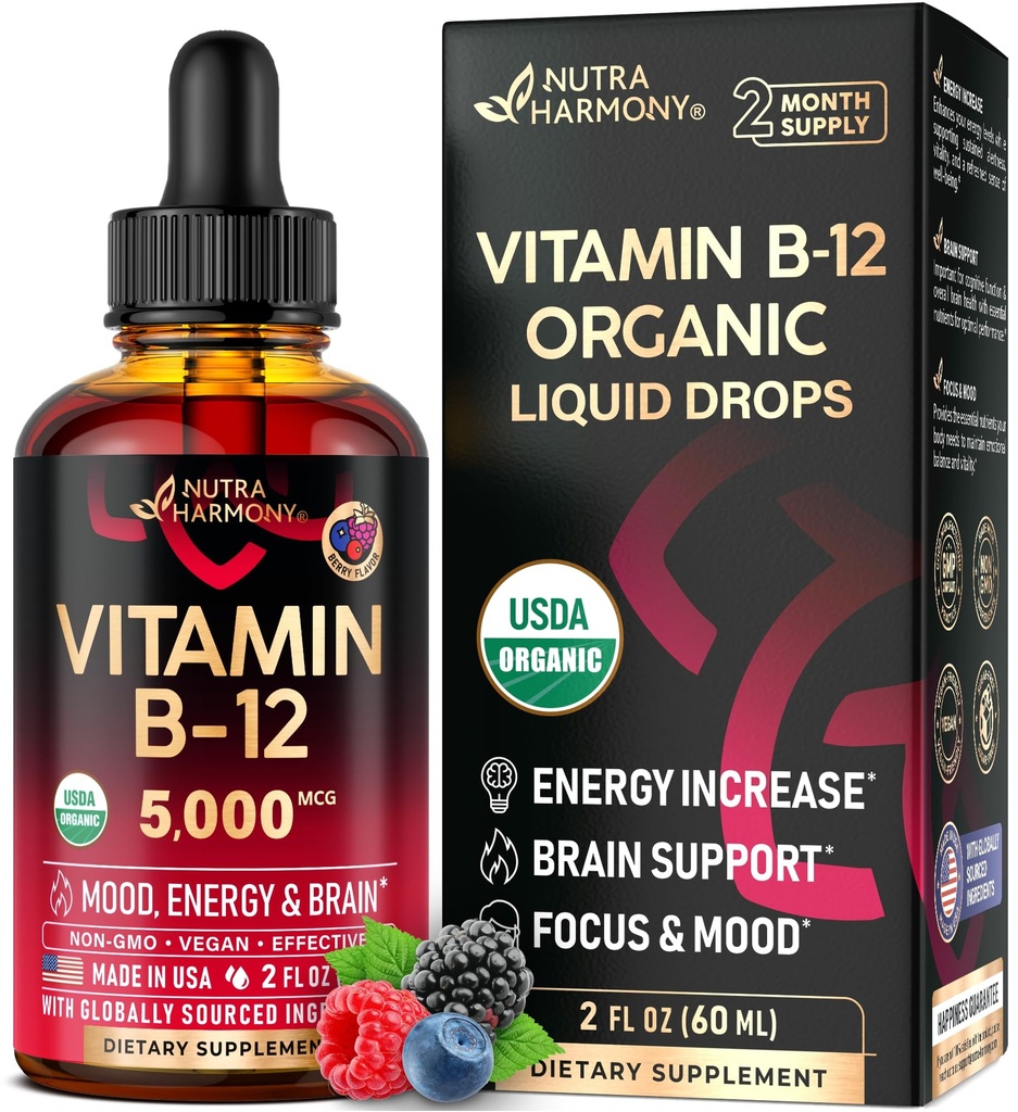 USDA organiczna witamina B12 Podjęzykowe krople - 5000 µg Płynny Wegan Methylcobalamina dla Kobiet i Mężczyzn - Energy Boost, Focus & Mood, Wsparcie zdrowia mózgu - Maksymalizacja Absorpcji - 2 Miesiąc Dostawy, 2 fl Oz