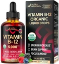 USDA organiczna witamina B12 Podjęzykowe krople - 5000 µg Płynny Wegan Methylcobalamina dla Kobiet i Mężczyzn - Energy Boost, Focus & Mood, Wsparcie zdrowia mózgu - Maksymalizacja Absorpcji - 2 Miesiąc Dostawy, 2 fl Oz