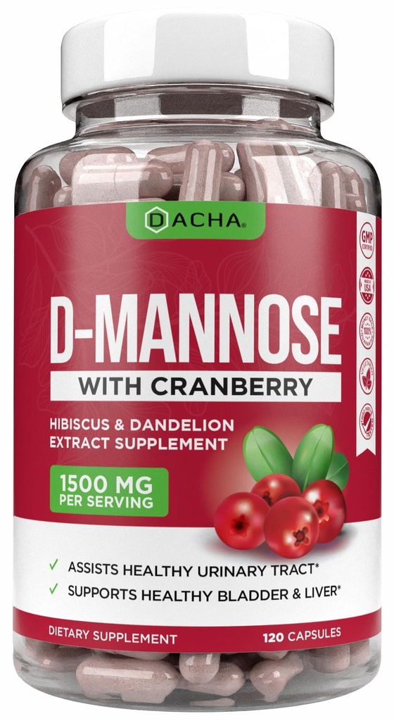 Natural D-Mannose Capsules 4-in-1 Formula - 120 CAPS, 1500 MG Cranberry, Dandelion, Hibiscus Flower Extract, Pills for Supporting Bladder and Urinary Tract Health
