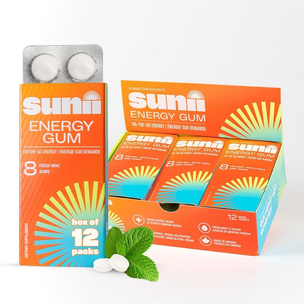 Sunii - Gum energetyczny - NOWOŚĆ Szybkiej Boost Energy & Focus - 50mg Gum kofeinowy - Witaminy B6 & B12, Tauryna, Wegan, Nie Cukier, Zero Calorie, Świeża mięta Smak - Szybszy niż żucie, napoje, żele i pigułki (96pcs)
